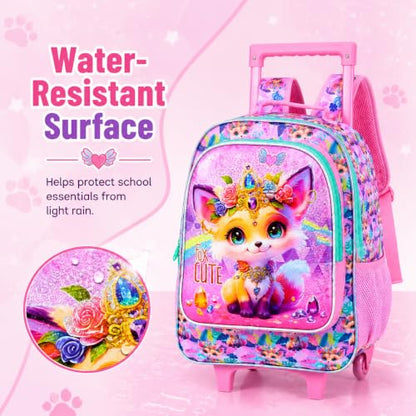 3Pcs Rolling Backpack for Girls, Fox Roller Bookbag with Lunch Box, Kids School Backpacks with Wheels for Elementary Preschool(Yellow) - color: Fox Yellow