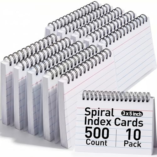Koogel 500PCS Spiral Index Cards, 3x5Inch, Flash Cards for Studying, White | Ruled, Heavy Notecards with Waterproof Covers for School College Note Taking and To Do List Supplies, Back to School