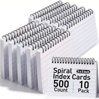 Koogel 500PCS Spiral Index Cards, 3x5Inch, Flash Cards for Studying, White | Ruled, Heavy Notecards with Waterproof Covers for School College Note Taking and To Do List Supplies, Back to School