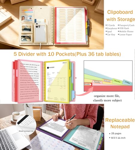 Beige Foldable Spiral Clipboard Folio with Storage Zipper Pouch, 5 Plastic Folders with Pockets,Refillable Lined Notepad (8.5" x 11"), Hardcover Project Organizer with 39 Stickers - color: Beige