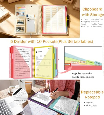 Beige Foldable Spiral Clipboard Folio with Storage Zipper Pouch, 5 Plastic Folders with Pockets,Refillable Lined Notepad (8.5" x 11"), Hardcover Project Organizer with 39 Stickers - color: Beige