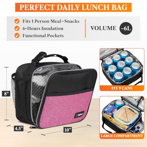 opux Insulated Lunch Bag for Kids, Reusable Lunch Box for School with Leakproof Lining, Compact Soft Cooler Tote for Boys & Girls, Front Pocket, Mesh Side Bottle Holder (Heather Pink) - color: Heather Pink