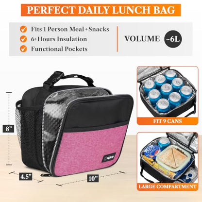 opux Insulated Lunch Bag for Kids, Reusable Lunch Box for School with Leakproof Lining, Compact Soft Cooler Tote for Boys & Girls, Front Pocket, Mesh Side Bottle Holder (Heather Pink) - color: Heather Pink