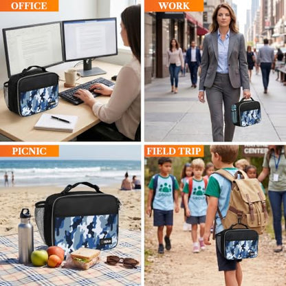 opux Insulated Lunch Bag for Kids, Reusable Lunch Box for School with Leakproof Lining, Compact Soft Cooler Tote for Boys & Girls, Front Pocket, Mesh Side Bottle Holder (Camo Blue) - color: Camo Blue