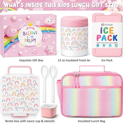 Fimibuke Kids Bento Snack Lunch Box with Thermo Insulated Toddler Lunch Bag | Lunch Box Kids with 4 Compartment, Food Jar, Ice Pack, Utensils, Birthday Gifts for Ages 3-12 Back to School Toddler Girl Boy - color: A1.Rainbow