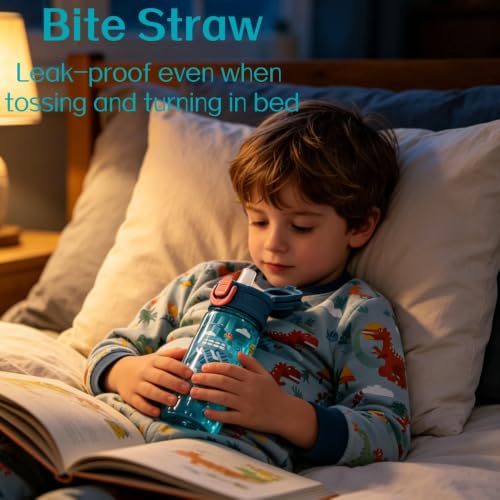 Flip, Bite and Sip 3-in-1 Straw Kids Water Bottle, Leak-proof, 13oz | Sturdy and Drop-resistant, with Handle, BPA Free, Dishwasher Safe, Perfect for School, Travel, and Home - color: Dinosaur