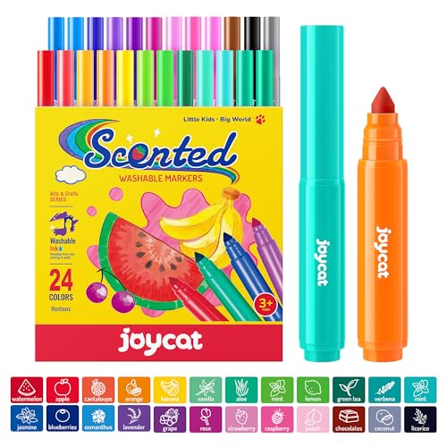 JoyCat 24-Color Washable Smelly Markers for Kids, Scented Art Set | Includes 24 scented colors, washable non-toxic ink and conical tips for coloring, drawing, school projects and crafts.