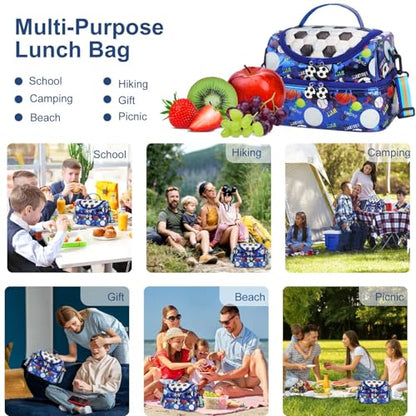 RHCPFOVR Kids Lunch Bag - Double Decker Cooler Insulated Lunch Box for Boys Girls Washable Lunch Bag and Reusable Toddler Lunchbox for School and Daycare - color: Blue Football