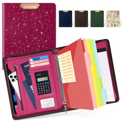 Ospelelf Zipper Clipboard with Storage, Leather Padfolio Portfolio Folder, 3 Ring Binder Dividers with Tabs, 12.1” Tablet Sleeve, Refillable Notepad, Card Slot (Rose Red) - color: Rose Red