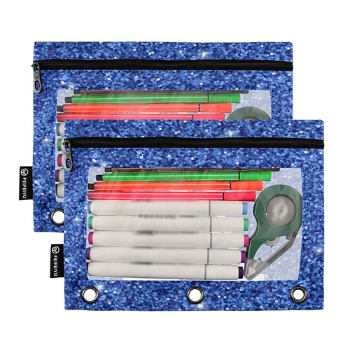 Personalized Pencil Pouch for 3 Ring Binder Blue Glitter Texture Custom Pencil Pouches Case Binder Cosmetic Bag 2 Pack for Office School College Supplies - color: Blue Glitter