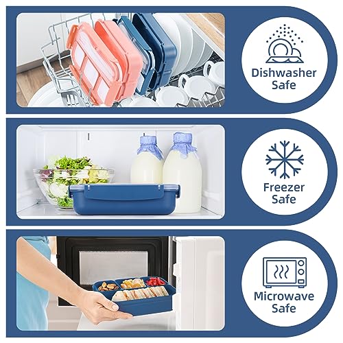 QQKO Bento Box Adult Lunch Box, Lunch Containers for Adults Men Women, Kids Lunch Boxes for School with 4 Compartments, Sauce Container, Utensils and Muffin Cups, Navy - color: Navy