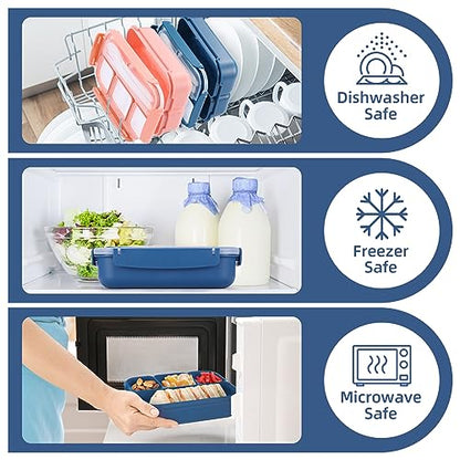 QQKO Bento Box Adult Lunch Box, Lunch Containers for Adults Men Women, Kids Lunch Boxes for School with 4 Compartments, Sauce Container, Utensils and Muffin Cups, Navy - color: Navy