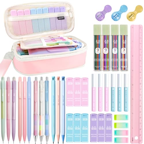 JIZHIYUAN Mechanical Pencil Set with Pink Pencil Case,12X Pastel Mechanical Pencil 0.5mm-2.0mm with 564X HB+36X Color Leads for Writing, Drafting, Drawing, Sketching Ideal College Study Essentials - color: Pink