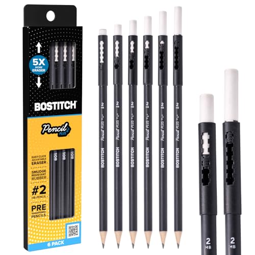 Bostitch, Wood-Cased Pencil Plus, Retractable Eraser, American Cedar Wood, #2 HB, Round, Matte Black, Pre-sharpened, Six Pack - size: Six pack