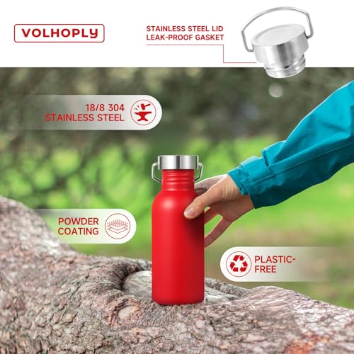 Volhoply 20oz Uninsulated Single Walled Water Bottle, Stainless Steel Reusable Water Bottles with Handle & Carabiner, BPA Free 18/8 304 Sports Water Bottles for Camping Hiking（Red,1） - color: Red