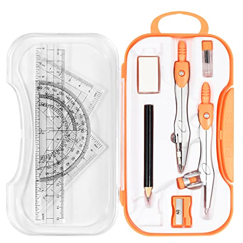 Unjoo Geometry Set 10 Pcs Student Supplies, Protractor and Compass (Orange） | Shatterproof Storage Box,Rulers,Protractor,Compass,Eraser,Pencil Sharpener,Lead Refills,Pencil,for Classroom, Back to School - color: Orange