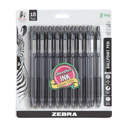 Zebra Pen Z-Grip Retractable Ballpoint Pen, Smooth-Flowing Black Ink, 1.0mm Medium Point, School & Office Supplies, Ideal for Note-Taking, Journal and Planner Use, 18-Pack (22218) - color: Black F