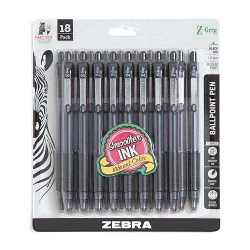 Zebra Pen Z-Grip Retractable Ballpoint Pen, Smooth-Flowing Black Ink, 1.0mm Medium Point, School & Office Supplies, Ideal for Note-Taking, Journal and Planner Use, 18-Pack (22218) - color: Black F