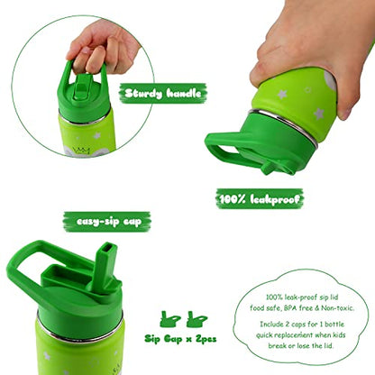 16 oz Stainless Steel Insulated Kids Water Bottle, Leak Proof Metal Thermal Flask with Straw lid, Cute Toddler Tumbler Cup for School Girls & Boys (Green, Elephant) - color: Green, Elephant