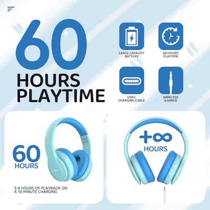 JoySpark Kids Bluetooth Headphones, Lightweight Wireless Headphones for Kids, 85/94dB Volume Limited, 60 Hours Playtime, Bluetooth 5.3, Over-Ear Toddler Headsets with Built-in Mic (Macaron Blue) - color: Macaron Blue