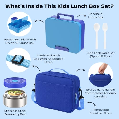 Kids Bento Lunch Box Set with 8.5oz Soup Cup Leak-Proof Container & Insulated Bag for Kids Girls Toddlers, School Travel - Navy Blue - color: Navy Blue