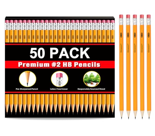 Wood-Cased #2 HB Pencils, 50 Pack Pre-sharpened Pencils for Writing/Drawing/Sketching, Bulk Pack for Office School Classroom Supplies
