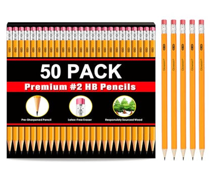 Wood-Cased #2 HB Pencils, 50 Pack Pre-sharpened Pencils for Writing/Drawing/Sketching, Bulk Pack for Office School Classroom Supplies
