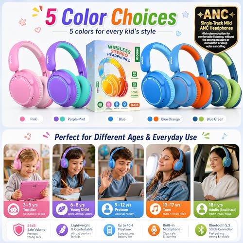 MIDOLA Active Noise Cancelling Kids Bluetooth Headphones,68H Play Time,Lightweight Wireless Foldable Over-Ear Headphone for Kid Toddler,Volume Limited 85/94dB,Headsets with Built-in Mic Pink - color: Pink