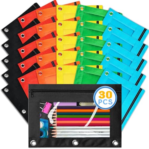 Ochido Pencil Pouch for 3 Ring Binder,Bulk,30 Pack in Assorted Colors,Sturdy and Durable Zipper Pencil Case with Clear Window,3-Hole Binder Cloth Pencil Bag for Storing School Office Supplies - color: 30pack Multicolored