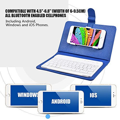 Portable Bluetooth Keyboard with Leather Case Cover with for 4.5''-6.8'' iOS, Android and Windows Smart Phones, Detachable with Kickstand - color: Blue