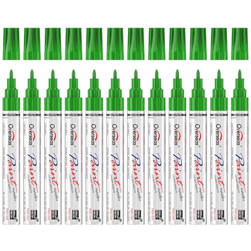 Overseas Green Oil Based Paint Markers, 12 Fine Tip Permanent Paint Pens | 0.9mm Fine Nib, Waterproof, Quick Dry, Fade Resistant, Oil Marker Pen for Metal, Rubber, Glass, Wood, Plastic, Rock, Canvas - color: Green