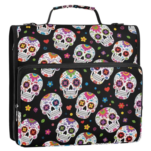 Skull 3 Ring Zipper Binder Bag with Shoulder Strap for School | 2 Inch 3 Ring, Secure Zippered Closure, Organizer Pockets for Classification, Heavy Duty File Organizer - color: Skull Goth