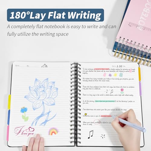 5 Subject Notebook College Ruled, 300 Pages A4 Hardcover Spiral Notebook with Removable Dividers Tabs 8.5" x 11" 100GSM Large Lined Journal Notebooks for Work School - color: black