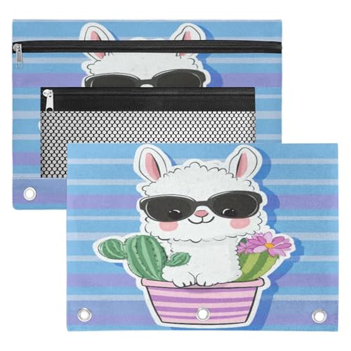 Cactus Alpaca Pencil Pouch for 3 Ring Binder Purple Blue Stripe Pencil Case Bag with Clear Window Zipper Pockets for Kids Girls Boys Students School College Supplies 2 Pack - color: Blue Purple