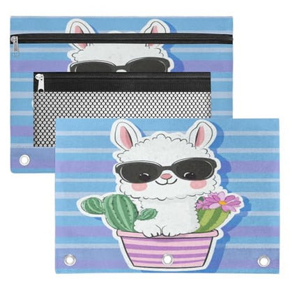 Cactus Alpaca Pencil Pouch for 3 Ring Binder Purple Blue Stripe Pencil Case Bag with Clear Window Zipper Pockets for Kids Girls Boys Students School College Supplies 2 Pack - color: Blue Purple