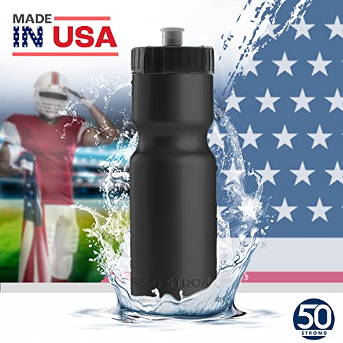50 Strong Sports Water Bottles – Reusable 22 oz BPA-Free Plastic Bottles with Pull Top Cap – Made in USA – Top Rack Dishwasher Safe – Fits Most Bike Cages Brand - color: Black, style: 2 Pack