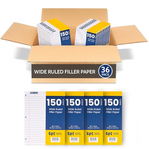 EPI Filler Paper | Wide Ruled | Loose Leaf, 3-Hole Punched, 10.5 x 8 in, 150 Sheets | School, Office, Notes, Binder Refill - 36 Pack - color: Wide Ruled, size: 36 Pack