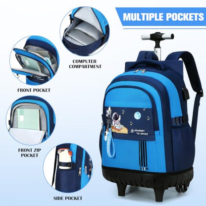 ACESAK Rolling Backpack for Boys, Kids Backpack with Wheels Portable with Insulated Lunch Box & Pencil Case, Multi-Pocket Roller Backpack for Preschool Kindergarten Kids Boys Travel(Dark Blue) - color: Dark Blue