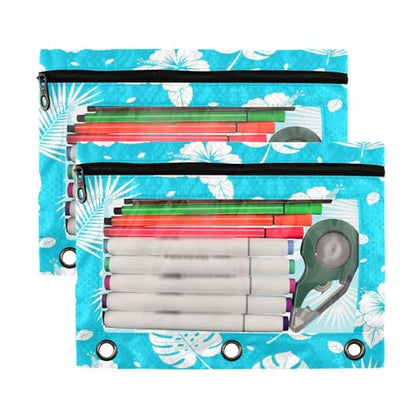 Blueangle Tropical Leaf Pencil Pouch for 3 Ring Binder, 2 Pack Clear Window Zipper Pencil Bags for Office