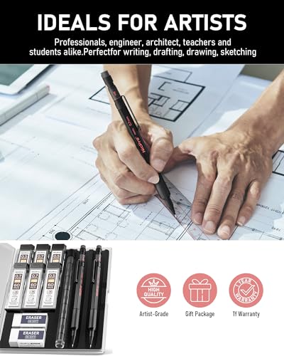 Nicpro 0.5 mm & 0.7 mm Mechanical Pencil Set with Case, MP2000 Metal Artist Mechanical Pencil With 6 Tube HB 2B Lead Refills, Eraser, Weatherproof Barrel for Outdoor Writing Drafting Sketching - size: 0.5mm & 0.7mm