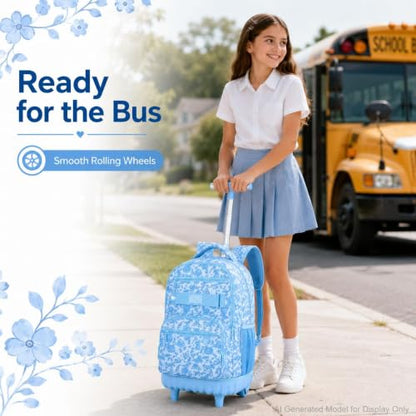 gxtvo Girls Backpack with Wheels, Women Roller Bookbag with Lunch Box for Adults, Water Resistant Wheeled School Bag for College Teens Kids Travel - Blue Flower - color: Girls Rolling Backpack Blue Flower