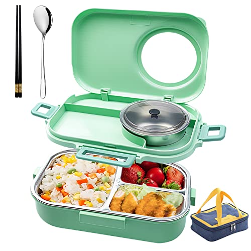 3 Compartments Bento Lunch box with Soup Bowl, Insulated Lunch Bag and Portable Utensils, Stainless Steel Camera Lunch Containers，Leak Proof Bento Box for Kids Adults Men Women… - color: 900ml-Green