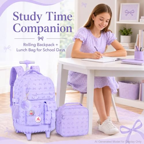 CCJPX Rolling Backpack for Girls, 3Pcs Roller Wheeled School Bookbag, Bow Wheels Backpacks with Lunch Box for Kids (Purple) - color: Bow Purple