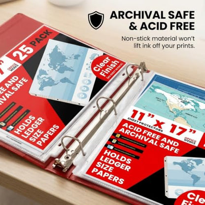 11x17 Sheet Protectors, 25 Pack, Heavyweight, Clear Page Protectors | Side Loading, Landscape, Ledger Size, 3 Hole Punched for 3 Ring Binder, Acid-Free Archival Safe Polypropylene Sleeves