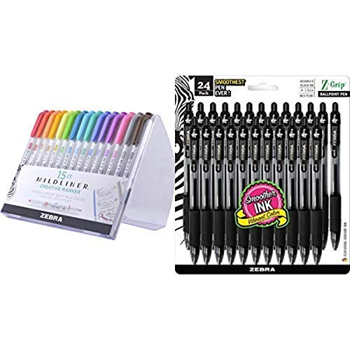Zebra Pen Pen Mildliner, Assorted colors, 15-Count And Z-Grip Retractable Ballpoint Pen, Black, 24-Count, Bundle