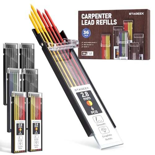 STAGEEK 36PCS Carpenter Pencil Refills, 2.8mm Lead Refills, Break Resistant for Mechanical Pencils, Construction, Woodworking & DIY with 6 Colors (Black, Red, Yellow, Green, Blue, White)