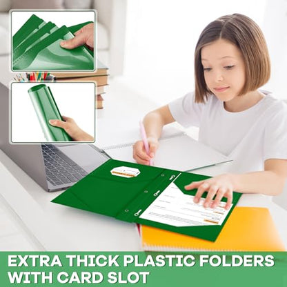 Henoyso 18 Pcs Plastic Folder with Clear Front Pocket and 3 Prong Plastic Folders with Card Slot Pocket Folders with Prongs for School Office (Dark Green) - color: Dark Green