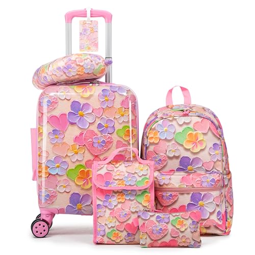 16’’ Kid’s Luggage Set with Spinner Wheels, Hardside with Suitcases,6 Piece | Carry on Luggage, Travel Rolling Luggage Airline Approved Suitcase Set with Spinner Wheels Girls Boys - color: Flower