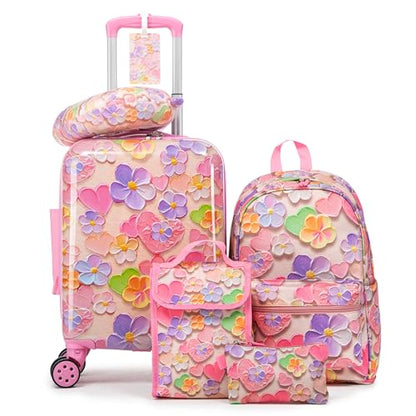 16’’ Kid’s Luggage Set with Spinner Wheels, Hardside with Suitcases,6 Piece | Carry on Luggage, Travel Rolling Luggage Airline Approved Suitcase Set with Spinner Wheels Girls Boys - color: Flower