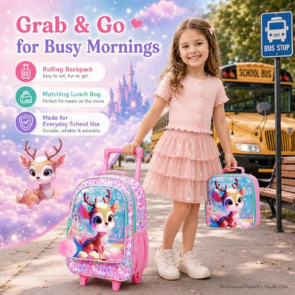 gxtvo Girls Rolling Backpack, Cute Deer Roller Wheels Kids Bookbag - Wheeled Elementary School Bag - 3PCS Deer - color: Uv Printing Clouds Sika Deer Rolling Backpack